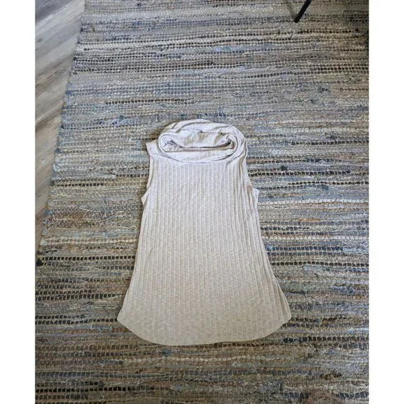 Cowl Neck M Sleeveless Beige Ribbed Knit Tank Top Pullover Stretch Quiet Luxury - Picture 2 of 7